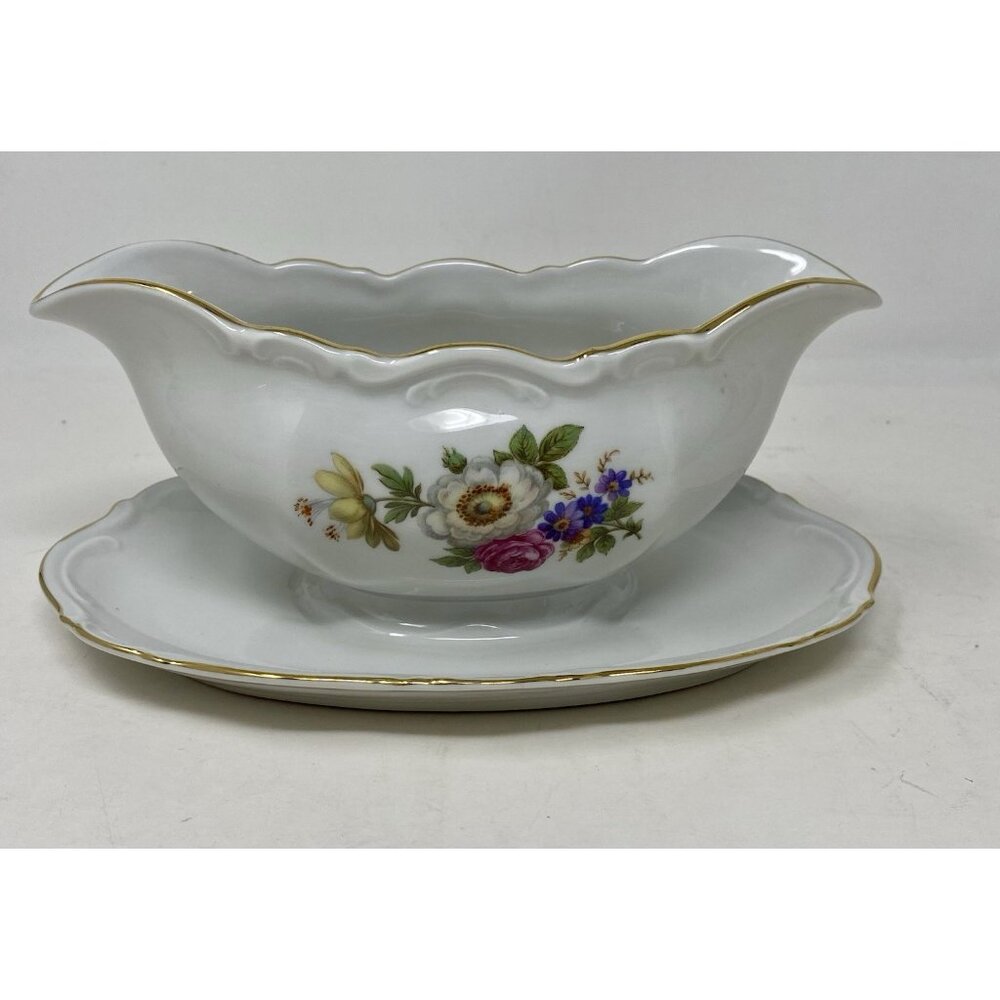 Mitterteich Gravy Boat With Attached Plate Meissen Floral Gold Trim Germany